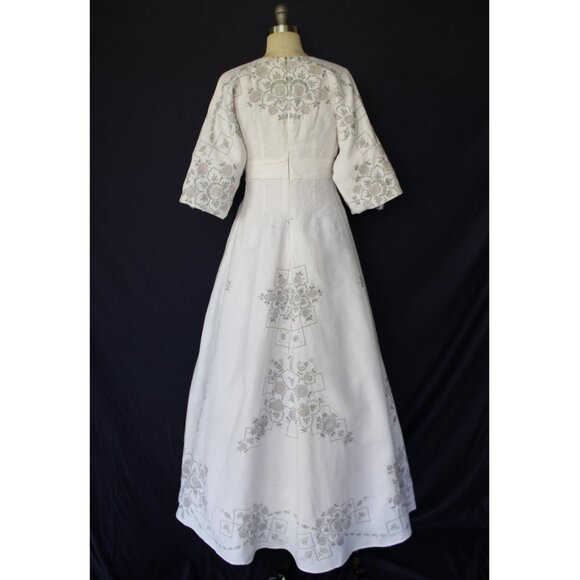 Rare custom Vintage Linen Crochet embroidered maxi dress gown caftan kimono - Picture 9 of 9